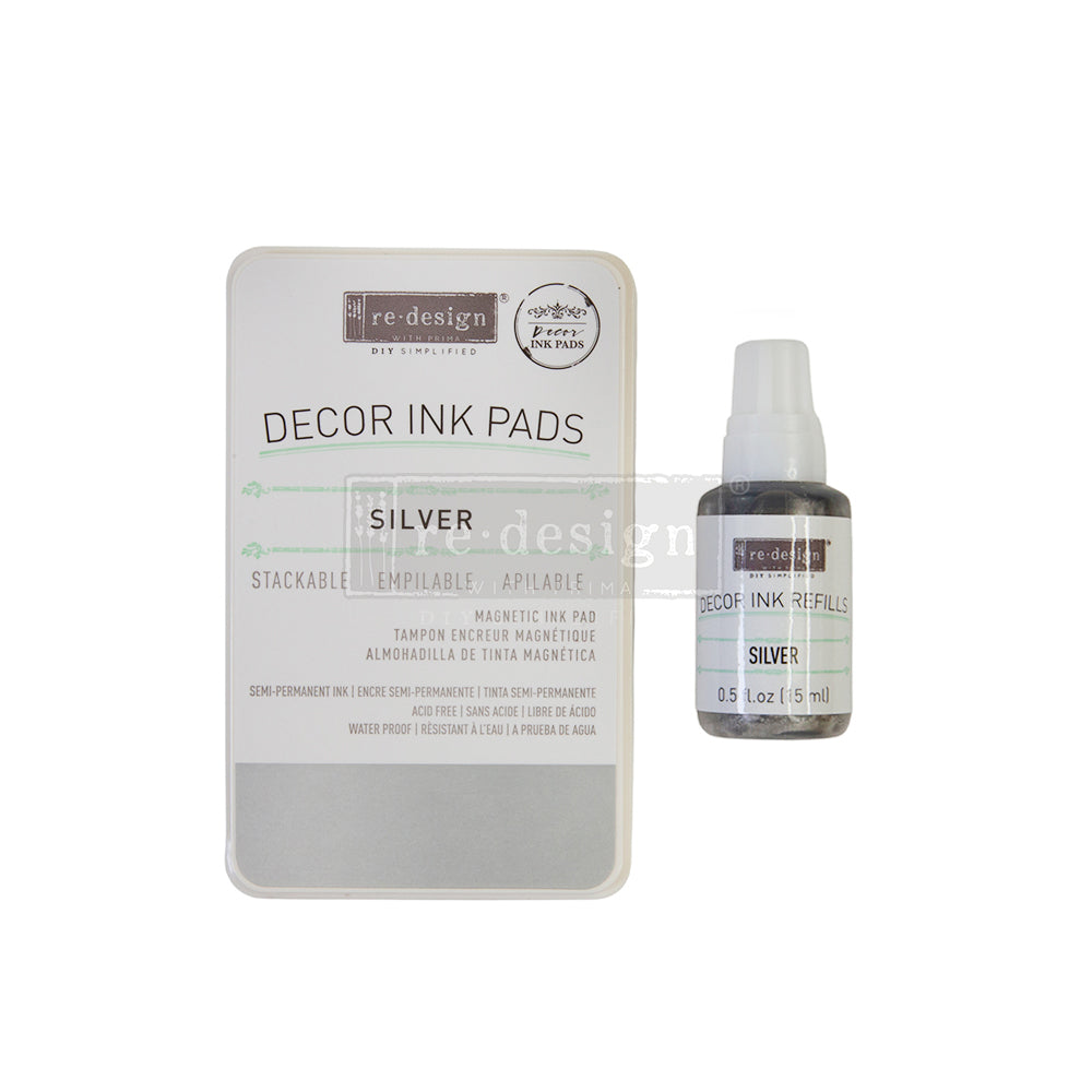 DÉCOR INK PAD – SILVER – 1 MAGNETIC CASE + DRY INK PAD + 10ML INK BOTTLE